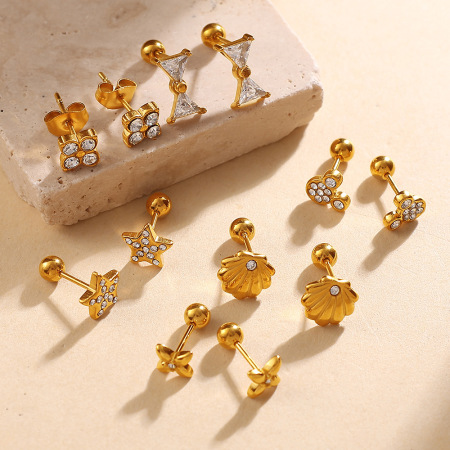 Boucles d'oreilles puces pour femmes, collection Simple Series, forme irrégulière de fleur et d'étoile, en acier inoxydable étanche, couleur or 2