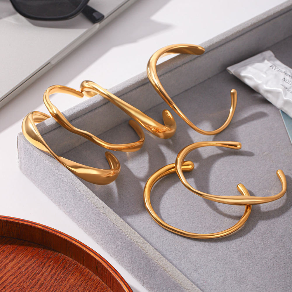 Bracelet Jonc Pour Femme Simple Series Daily Lines, Forme Elliptique, En Acier Inoxydable, Étanche, Couleur Or h5Image6