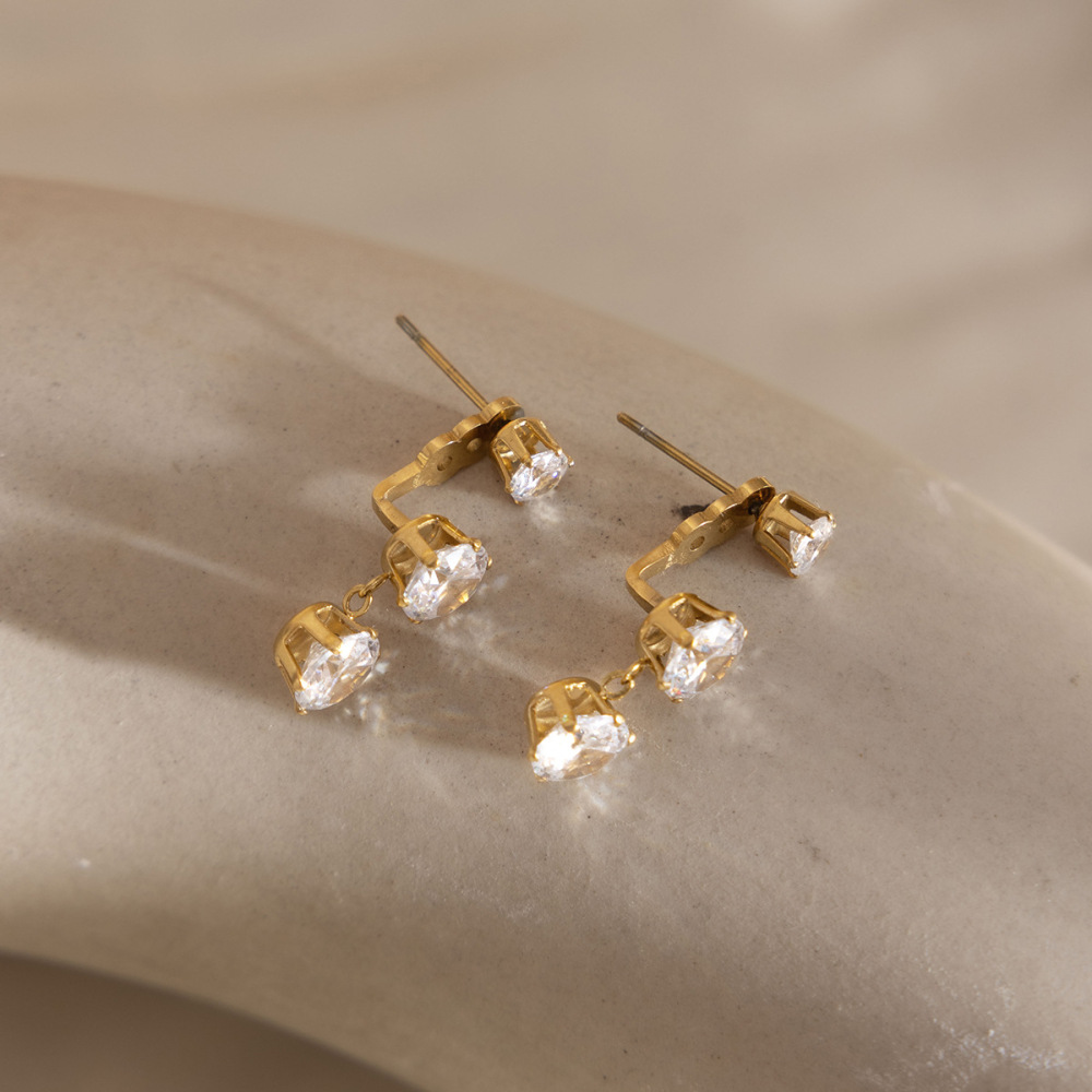 Boucles D'Oreilles Pendantes Pour Femme, Simples Et Rondes, En Acier Inoxydable, Étanches, Couleur Or, Avec Zircon. Image2