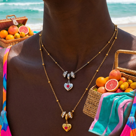 Colliers pendentifs pour femmes, collection Simple Series Retro Heart Beads, en acier inoxydable étanche, couleur or 2