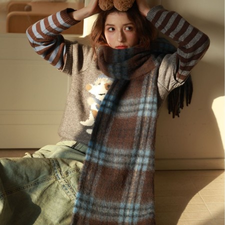 Écharpes d'hiver en laine et polyester mélangés, à carreaux rétro et pompons, de la série Simple