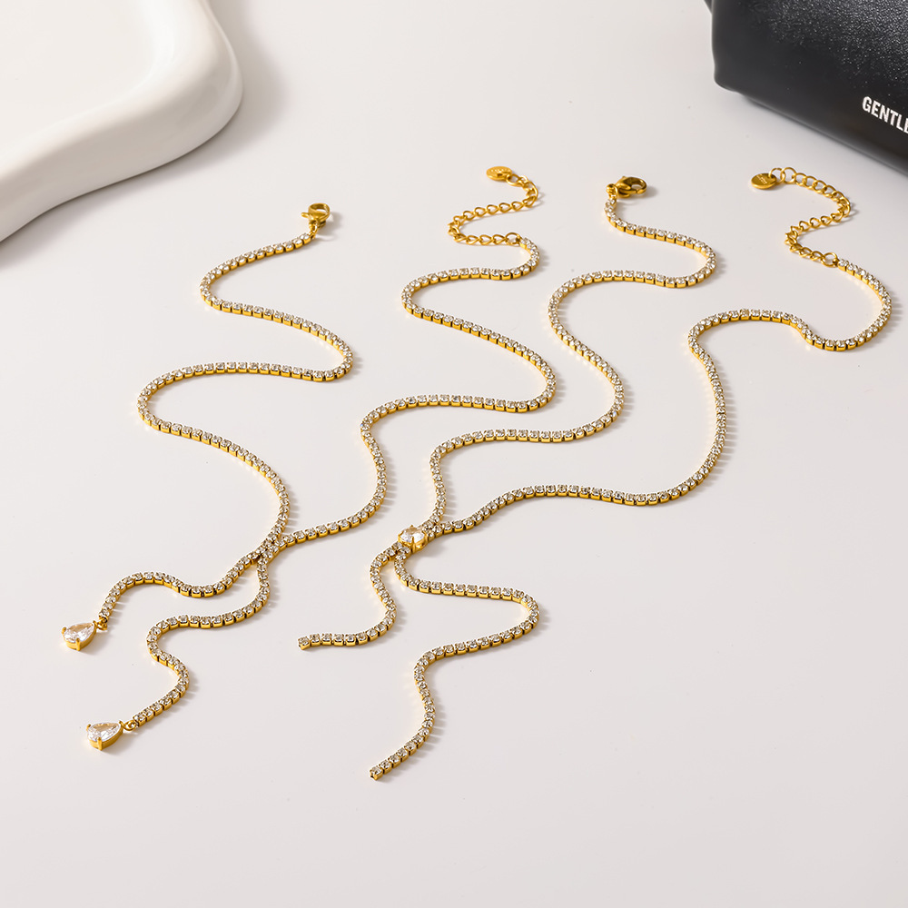 Colliers Pendentifs Pour Femmes, Élégants, En Forme De Goutte, En Acier Inoxydable Étanche, Couleur Or, Avec Zircon. Collection Luxueuse. Image3