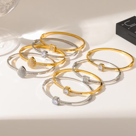 Bracelet jonc pour femme, série luxueuse, forme géométrique élégante, acier inoxydable, couleur or, strass et zircon, étanche.
