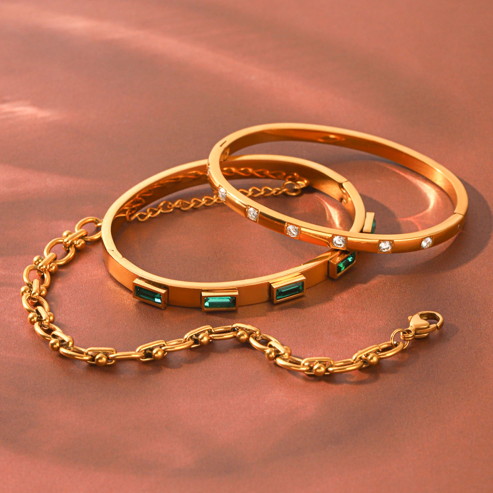 Bracelet Jonc Simple Pour Femme, De Forme Rectangulaire Et Elliptique, En Acier Inoxydable Imperméable, Couleur Or, Orné De Zircon. Image6