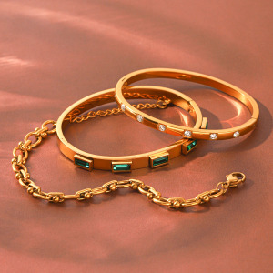 Bracelet Jonc Simple Pour Femme, De Forme Rectangulaire Et Elliptique, En Acier Inoxydable Imperméable, Couleur Or, Orné De Zircon. h5 Image6
