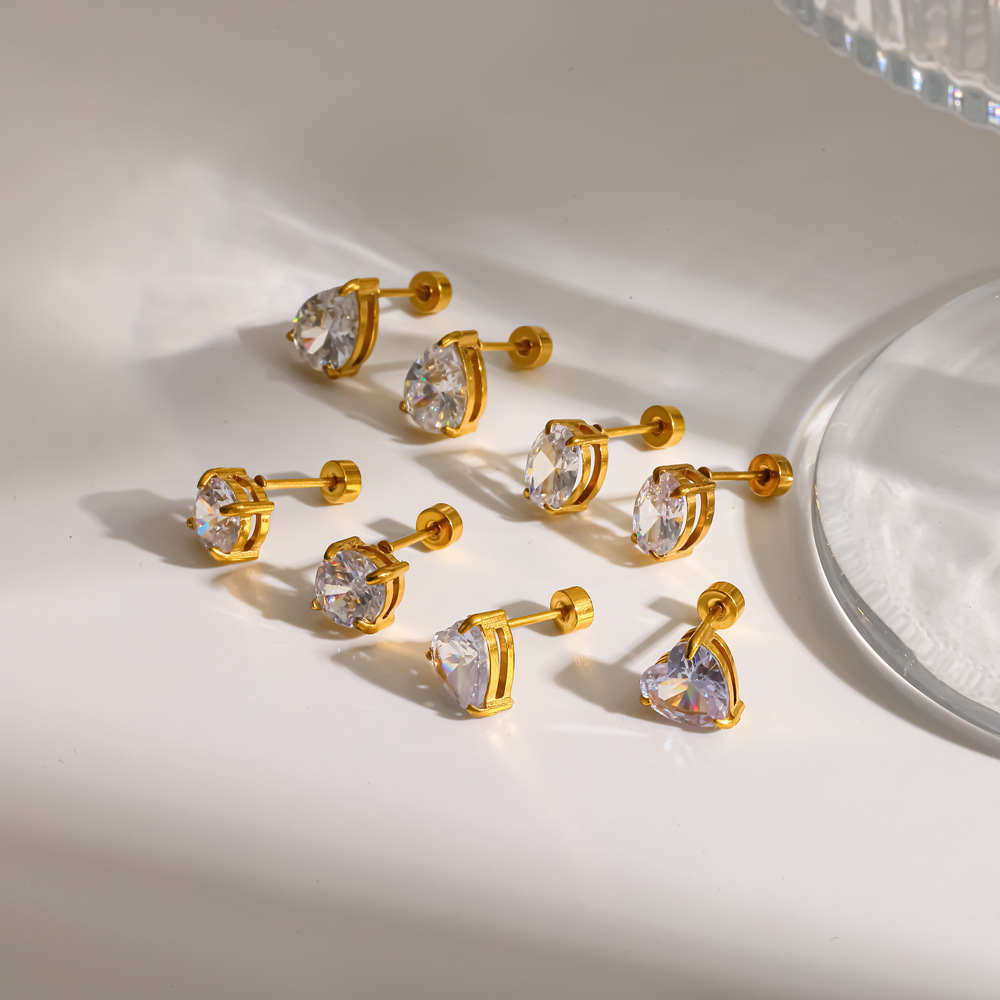 Boucles D'Oreilles Puces Simples En Acier Inoxydable Étanche Couleur Or Avec Strass Pour Femmes Image2