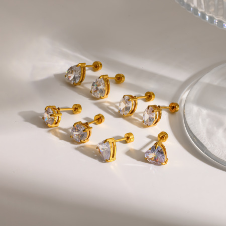 Boucles d'oreilles puces simples en acier inoxydable étanche couleur or avec strass pour femmes 2