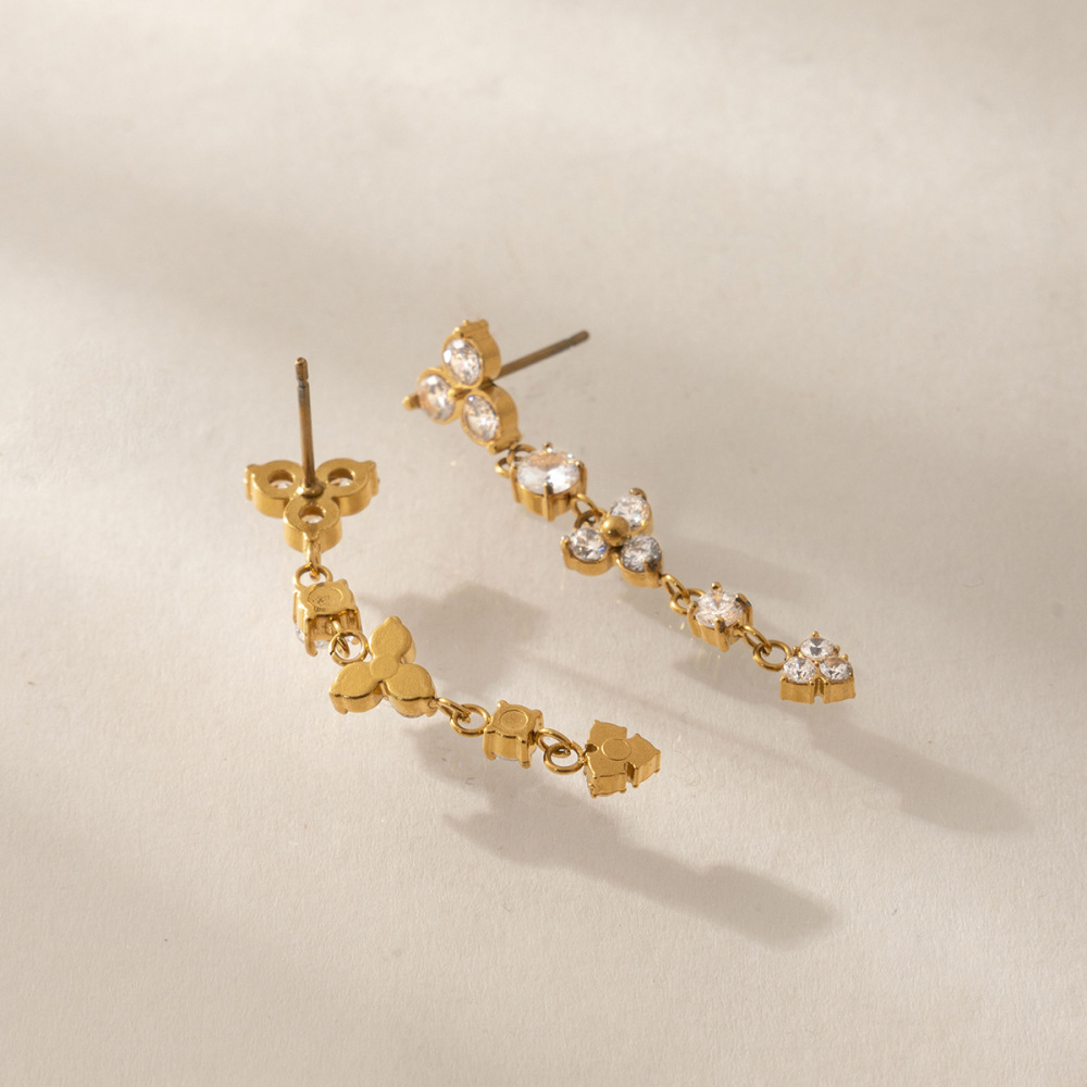 Boucles D'Oreilles Pendantes Pour Femme, Élégantes, En Acier Inoxydable, Couleur Or, Avec Pompon Et Fleur, Ornées De Zirconiums Et Imperméables, Collection Romantique Image3