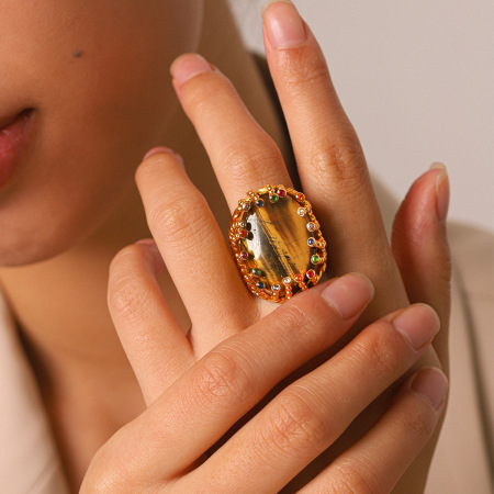 Bague pour femme en acier inoxydable étanche, forme elliptique, couleur or, pierre naturelle zircon.