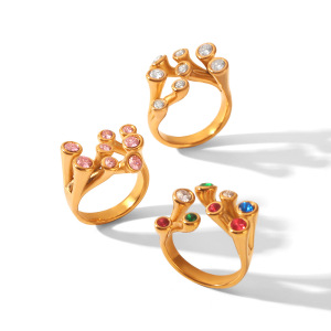 Bagues Pour Femmes En Acier Inoxydable Doré, Forme Irrégulière, Étanches, Serties De Zircon Et Ornées De Pierres Précieuses (Série Simple). h5 Image6