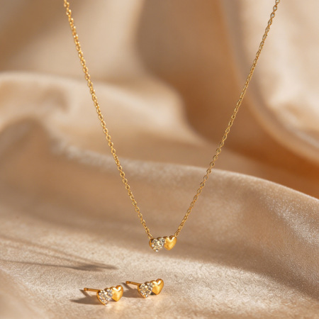 Ensembles de colliers pour femmes en acier inoxydable imperméable, couleur or, avec strass et motif cœur simple
