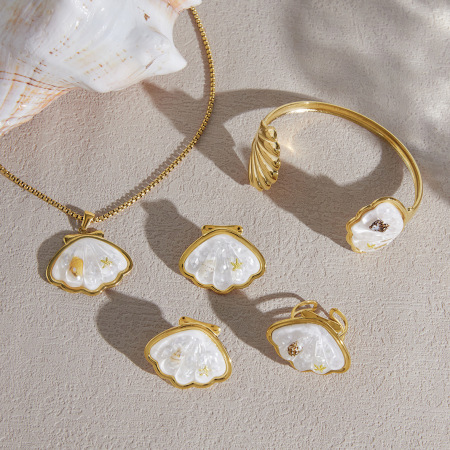 Ensembles de bijoux pour femmes élégants en acier inoxydable couleur or, style romantique, en forme de coquillage, étanches.