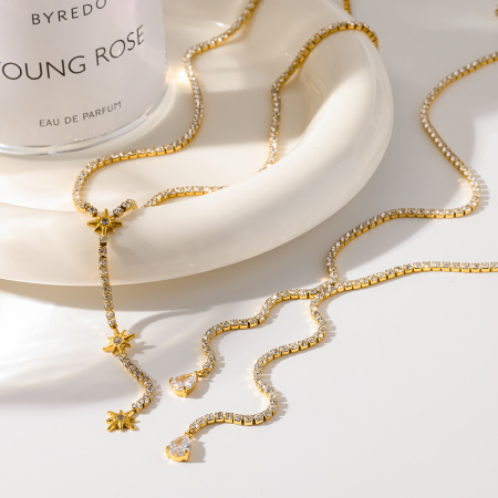Colliers pendentifs pour femmes, série luxueuse, élégants, en forme de goutte d'eau et étoile, en acier inoxydable étanche couleur or et zircon. 2