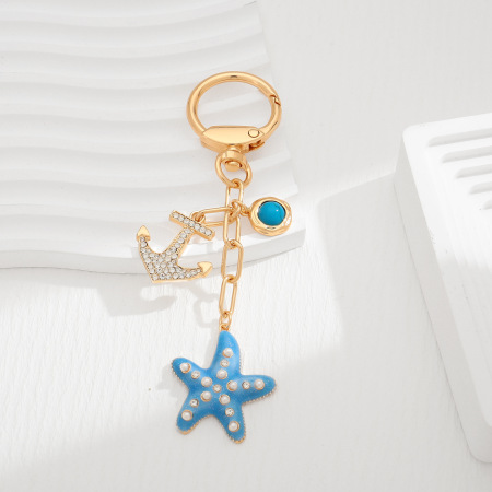 Porte-clés en alliage et strass, motif étoile de mer, style océanique, collection Simple Series Vacation