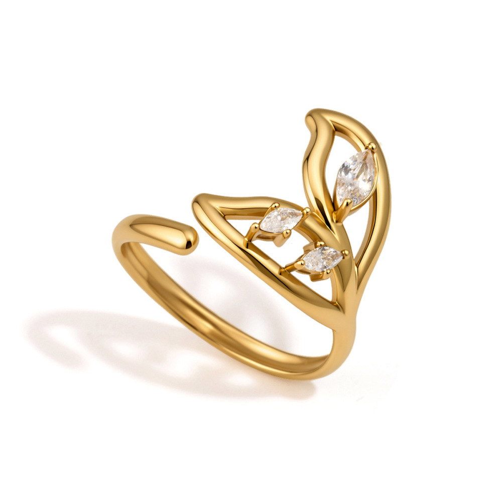 Bagues Pour Femmes En Acier Inoxydable Doré, Imperméables, Serties De Zircon Et Ornées D'Un Motif Goutte D'Eau Élégant Et De Poisson. Collection Luxueuse. Image5