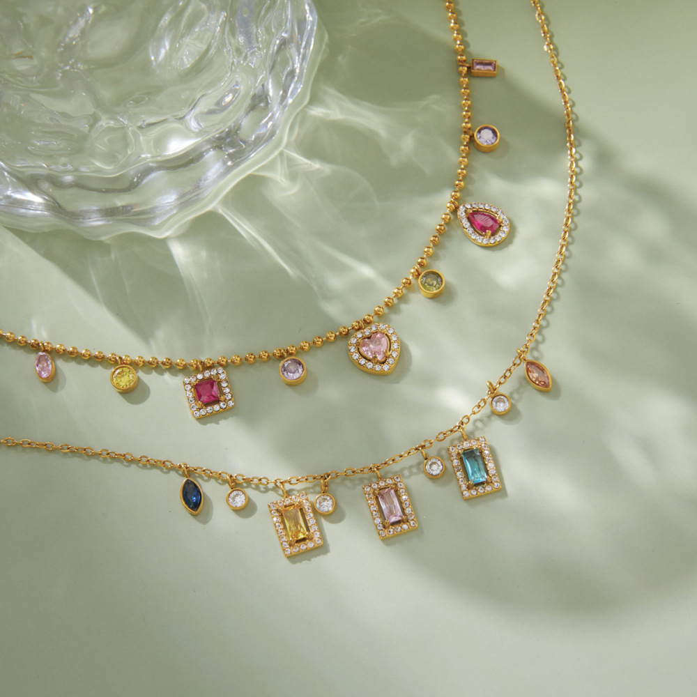 Colliers Pendentifs Romantiques Et Mignons En Forme De Cœur Rectangulaire, En Acier Inoxydable Étanche Couleur Or Et Zircon, Pour Femmes Image3