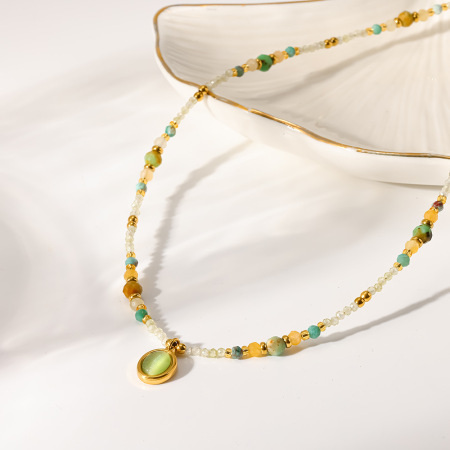 Colliers de perles pour femmes, collection classique rétro, forme elliptique, pierres naturelles couleur or 2
