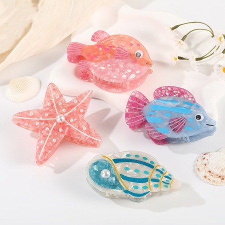 Collection romantique, vacances, style océanique, couleurs mélangées, poissons, étoiles de mer, acétate, strass, griffes à cheveux