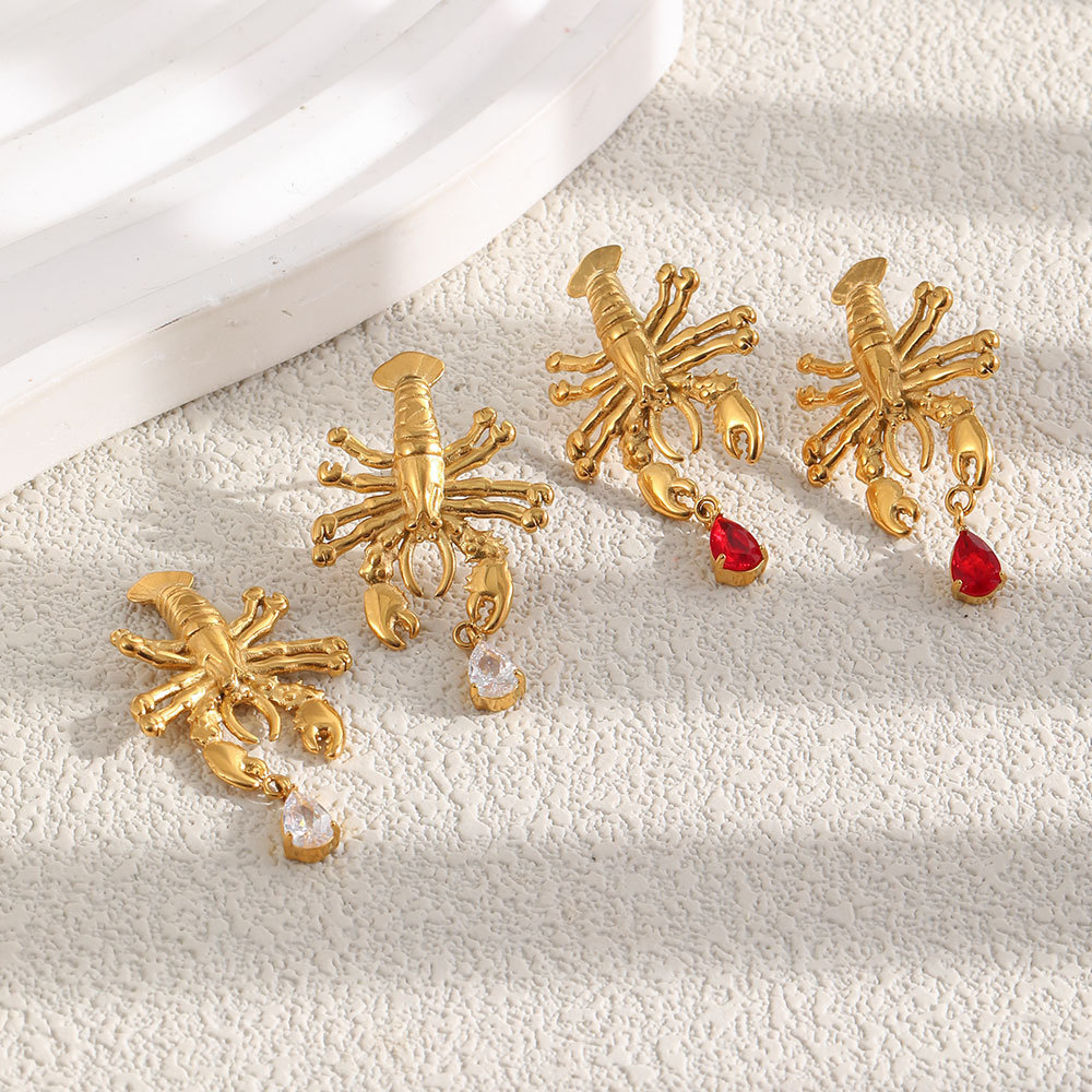 Boucles D'Oreilles Puces Pour Femmes, Style Vacances Océanique, En Forme De Homard, En Acier Inoxydable Étanche, Couleur Or Et Zircon. Image2