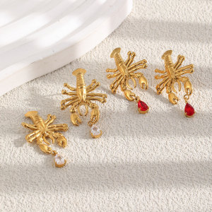 Boucles D'Oreilles Puces Pour Femmes, Style Vacances Océanique, En Forme De Homard, En Acier Inoxydable Étanche, Couleur Or Et Zircon. h5 Image2