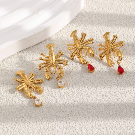 Boucles d'oreilles puces pour femmes, style vacances océanique, en forme de homard, en acier inoxydable étanche, couleur or et zircon. 2