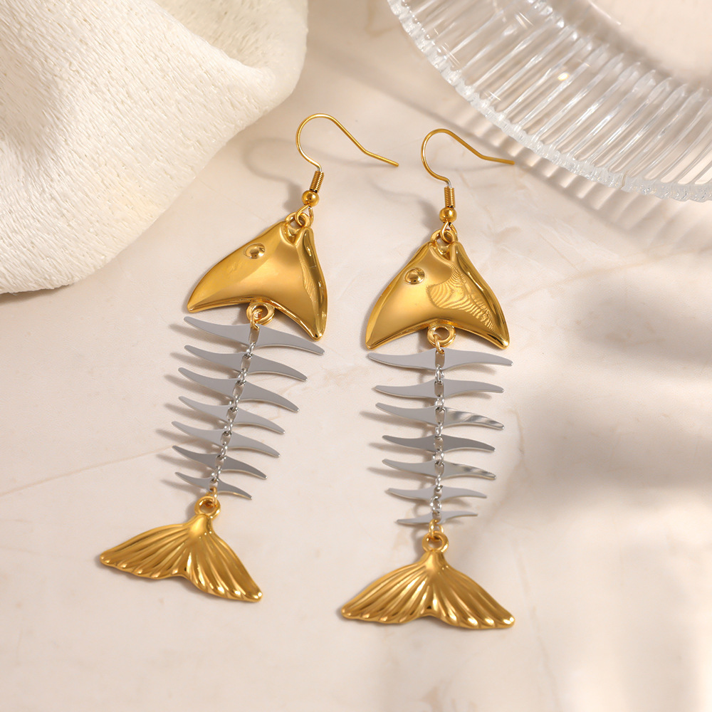 Boucles D'Oreilles Pendantes Pour Femme, En Acier Inoxydable Doré Et Argenté, Avec De Jolis Poissons. Image3