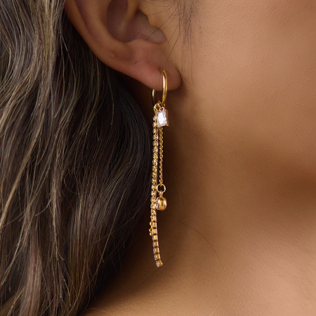 Boucles d'oreilles pendantes pour femme, élégantes et simples, en acier inoxydable imperméable, couleur or, avec pompon et zircon. 2