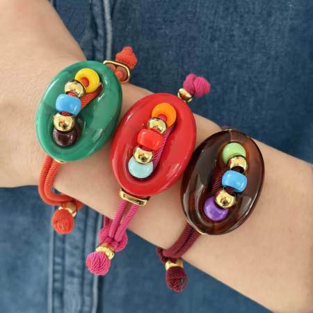 Bracelets tressés pour femmes en résine avec perles de forme irrégulière au style rétro