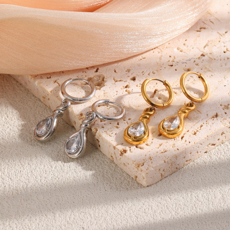 Boucles d'oreilles pendantes pour femmes, en acier inoxydable doré avec zircon, collection Simple. 2