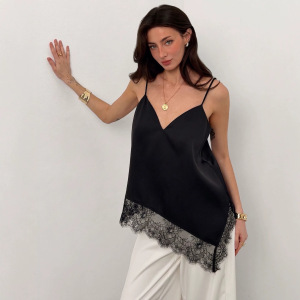 Blouse Sans Manches En Dentelle Noire À Col En V Et Empiècements En Dentelle h5 