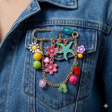 Broches en alliage à motif d'étoiles de mer multicolores, style océan, avec pompons et fleurs de vacances, collection romantique