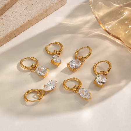 Boucles d'oreilles pendantes pour femmes en acier inoxydable étanche, couleur or, avec zircon. 2