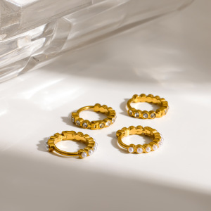 Boucles D'Oreilles Créoles Simples Pour Femmes, En Acier Inoxydable, Étanches, Couleur Or, Ornées De Strass Et De Perles Artificielles. h5 Image4