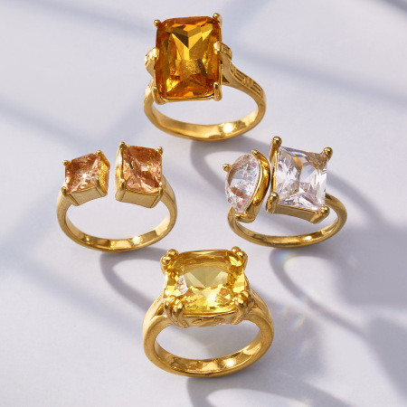 Bagues pour femmes luxueuses, simples et rectangulaires, en acier inoxydable étanche couleur or, serties de zircon. 2
