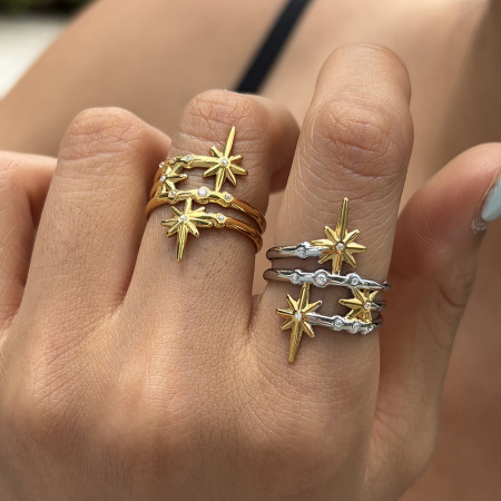 Bagues en acier inoxydable imperméables avec zircon et étoiles multicolores