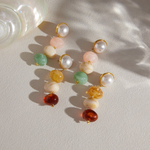 Boucles D'Oreilles Pendantes Romantiques En Acier Inoxydable, Imperméables, Couleur Or, Ornées De Perles. Collection Sweet Patchwork Circle. h5 Image4