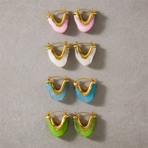 Boucles D'Oreilles Créoles Pour Femmes, Style Rétro Simple, Triangulaires, Dégradé De Couleurs, En Acier Inoxydable, Imperméables Et En Acrylique Doré. h5 Image2