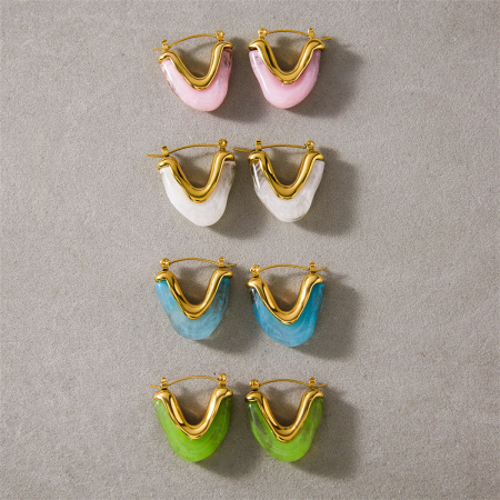 Boucles d'oreilles créoles pour femmes, style rétro simple, triangulaires, dégradé de couleurs, en acier inoxydable, imperméables et en acrylique doré. 2