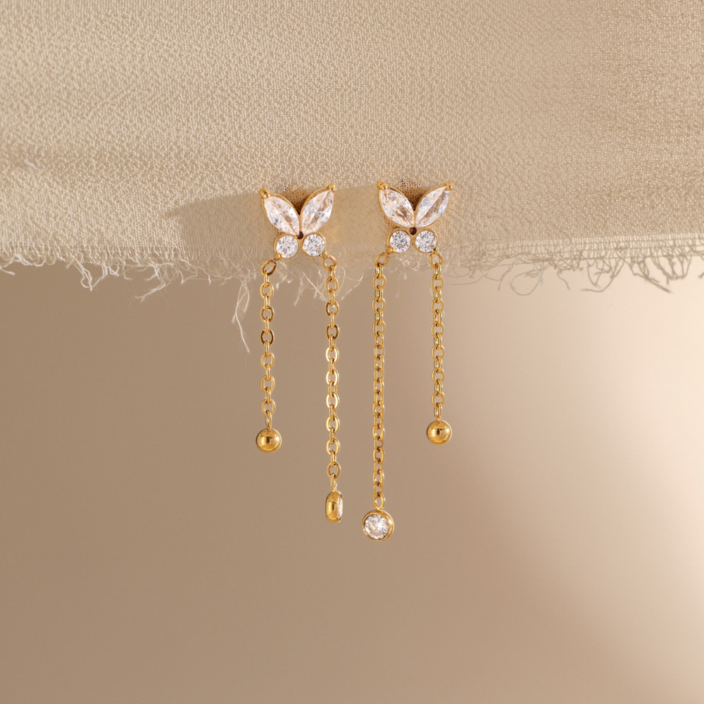 Boucles D'Oreilles Pendantes Pour Femme, Collection Romantique, Avec Pompon Et Papillon, En Acier Inoxydable Étanche, Couleur Or Et Zircon. Image3