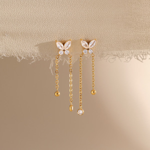 Boucles D'Oreilles Pendantes Pour Femme, Collection Romantique, Avec Pompon Et Papillon, En Acier Inoxydable Étanche, Couleur Or Et Zircon. h5 Image3
