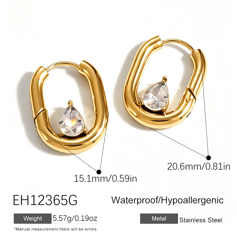 Boucles D'Oreilles Créoles Simples Et Élégantes En Forme De Goutte, Rectangulaires, En Acier Inoxydable Étanche, Couleur Or, Avec Zircon.