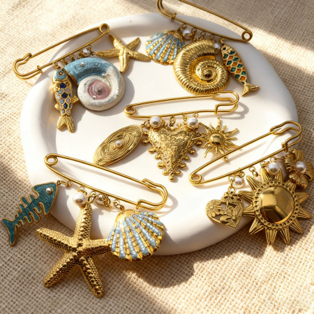 Broches en acier inoxydable couleur or, motif cœur, soleil et coquillage, style océanique, collection Simple
