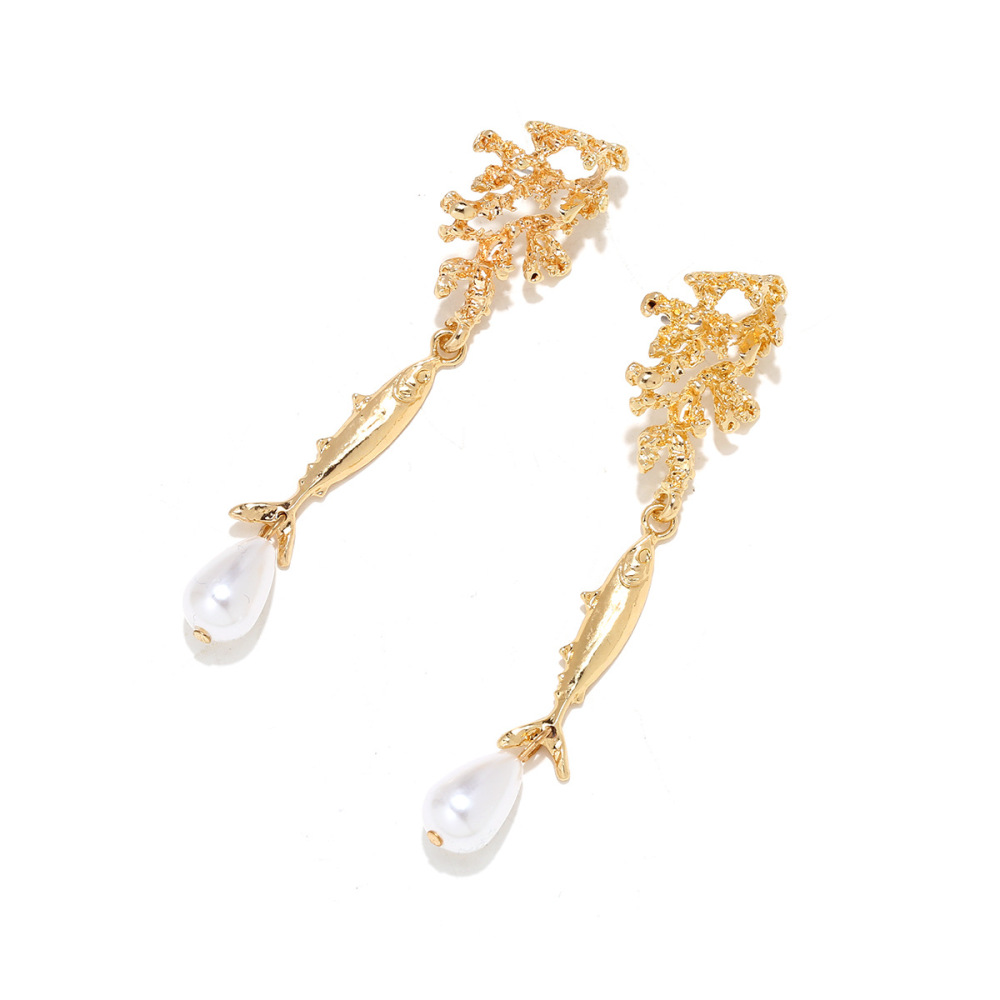 Boucles D'Oreilles Pendantes Pour Femmes, Motif Poisson, En Alliage Et Perles Artificielles Image2