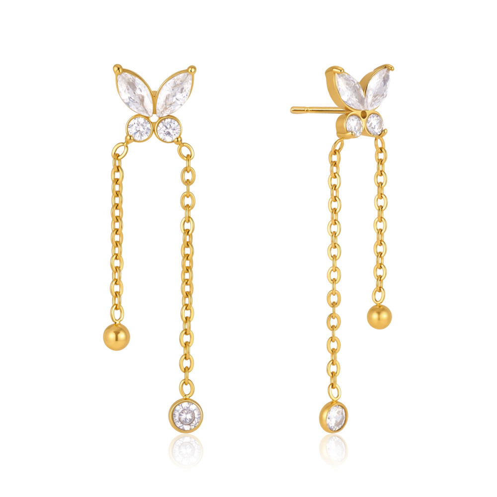 Boucles D'Oreilles Pendantes Pour Femme, Collection Romantique, Avec Pompon Et Papillon, En Acier Inoxydable Étanche, Couleur Or Et Zircon. Image5