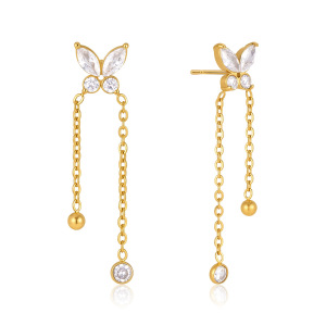 Boucles D'Oreilles Pendantes Pour Femme, Collection Romantique, Avec Pompon Et Papillon, En Acier Inoxydable Étanche, Couleur Or Et Zircon. h5 Image5