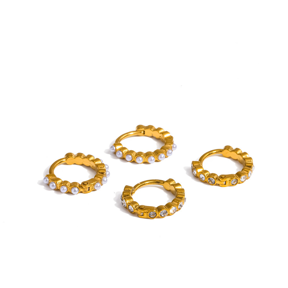 Boucles D'Oreilles Créoles Simples Pour Femmes, En Acier Inoxydable, Étanches, Couleur Or, Ornées De Strass Et De Perles Artificielles. Image6