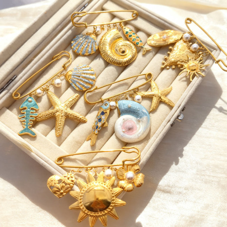 Broches en acier inoxydable couleur or, motif cœur, soleil et coquillage, style océanique, collection Simple 2