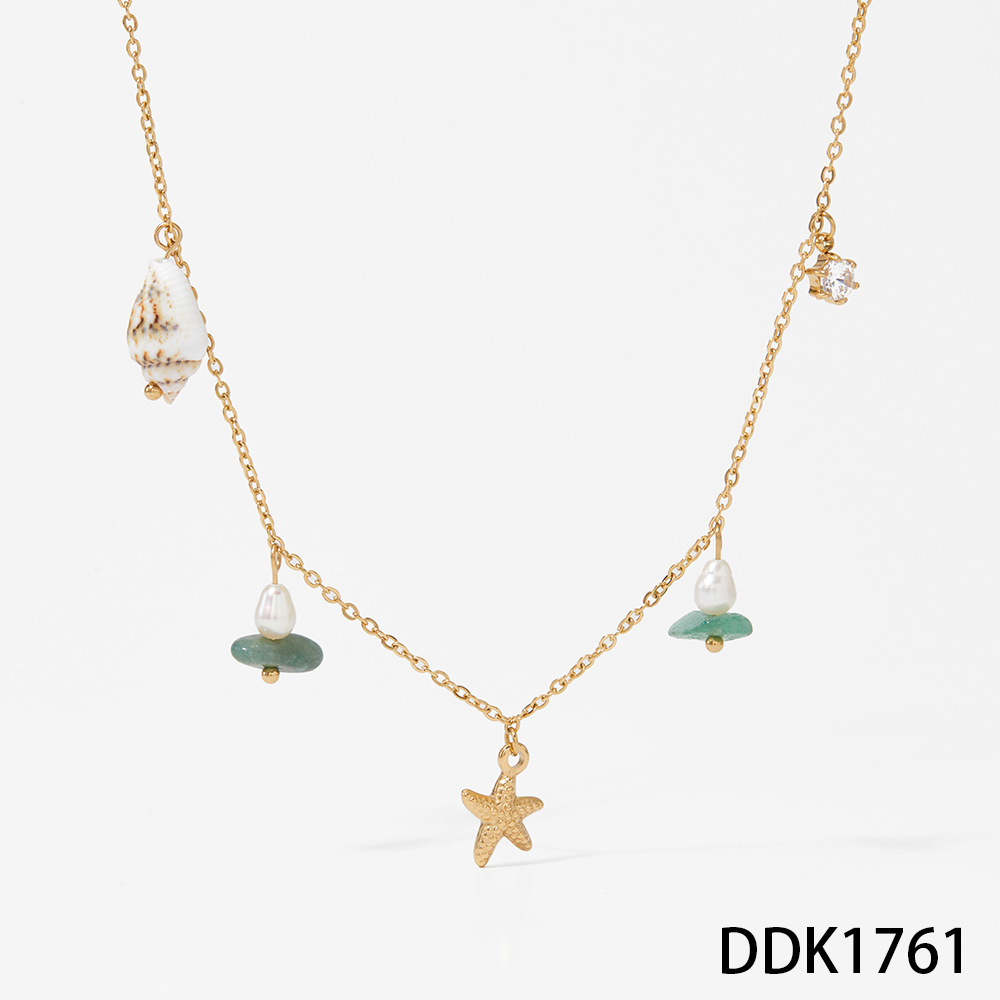 Colliers Pendentifs Pour Femmes En Acier Inoxydable, Couleur Or, Avec Étoile De Mer, Pierre Naturelle Et Coquillage En Zircon, Style Océanique 