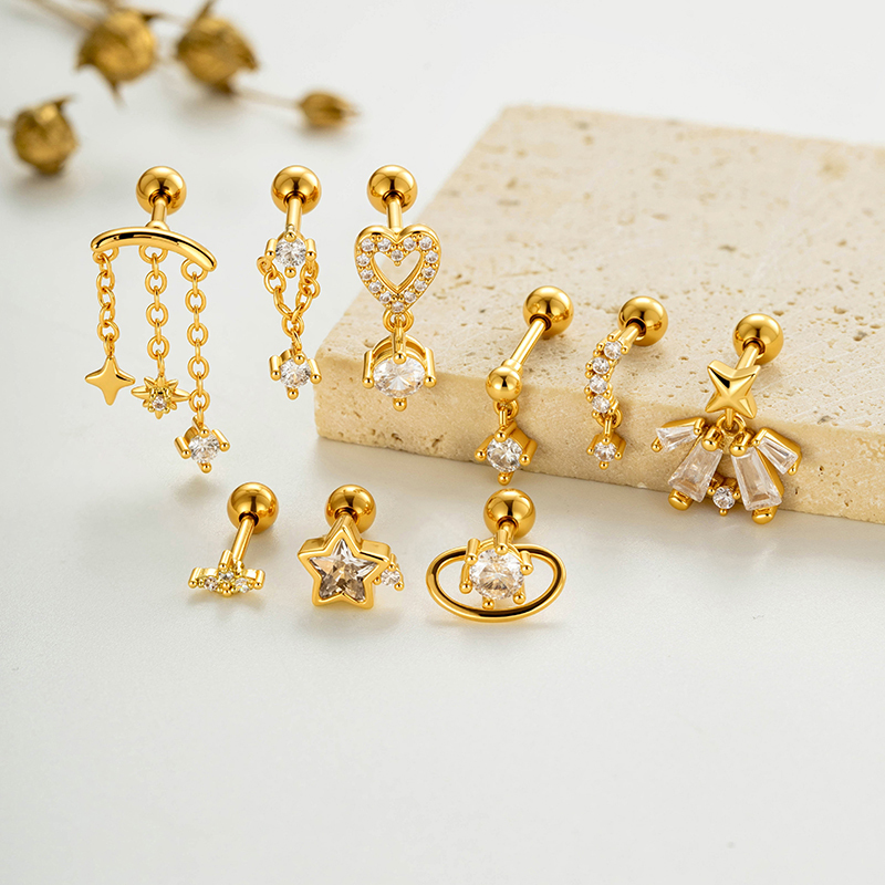 Boucles D'Oreilles Piercing Femme, Forme Simple Cœur Et Étoile, Zircon Couleur Cuivre Doré h5Image4