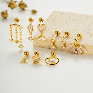 Boucles D'Oreilles Piercing Femme, Forme Simple Cœur Et Étoile, Zircon Couleur Cuivre Doré h5 Image4